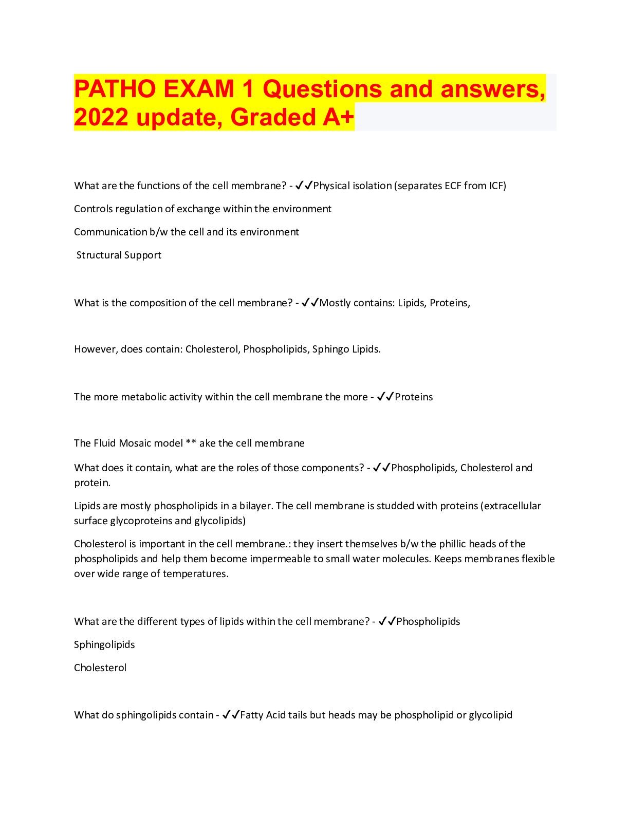 PATHO EXAM 1 Questions and answers, 2022 update, Graded A+ Browsegrades